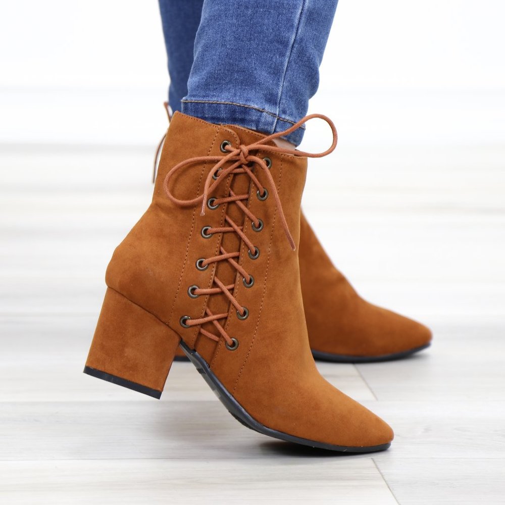 Brown Faux Suede Ankle Booties Side Laced Up - Picture 7 of 11